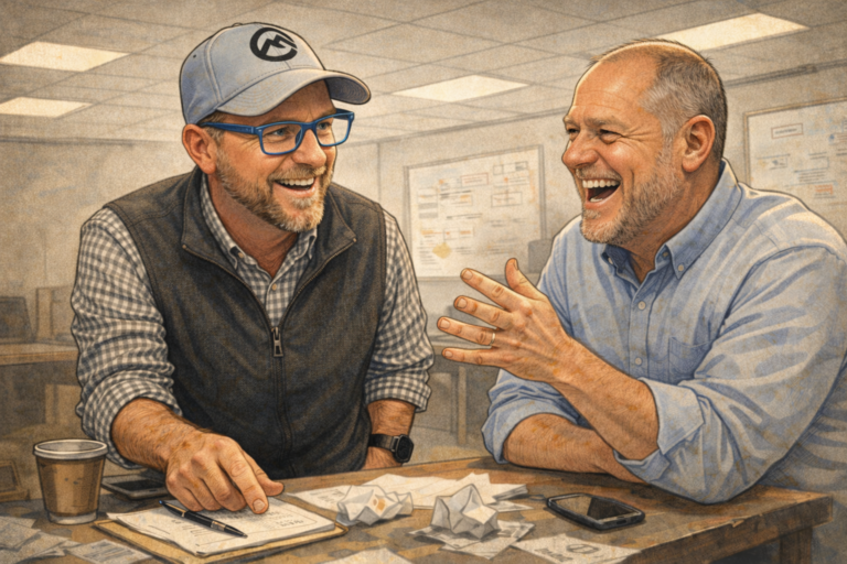 Two leaders in conversation at a conference table