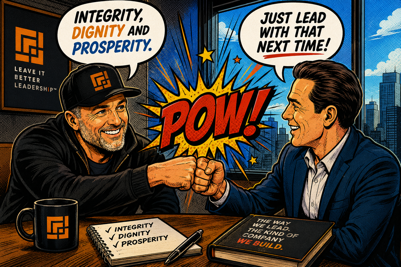 Comic-style illustration of two leaders discussing integrity, dignity, and prosperity