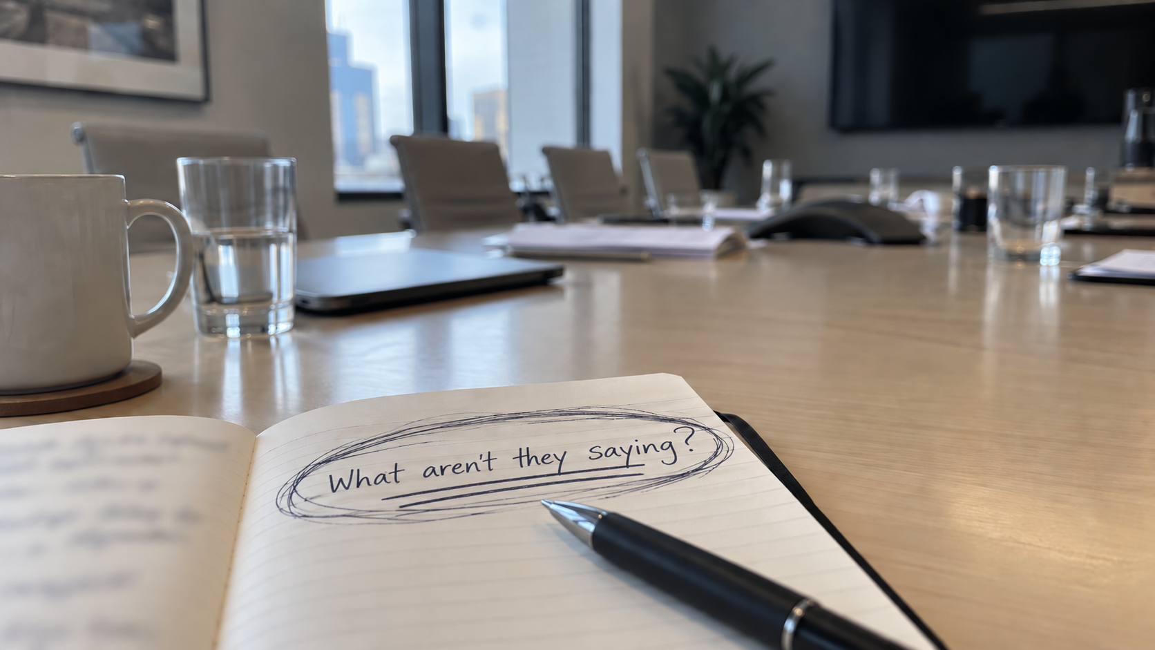 Open notebook on a conference table with the handwritten question “What aren’t they saying?” circled on the page.