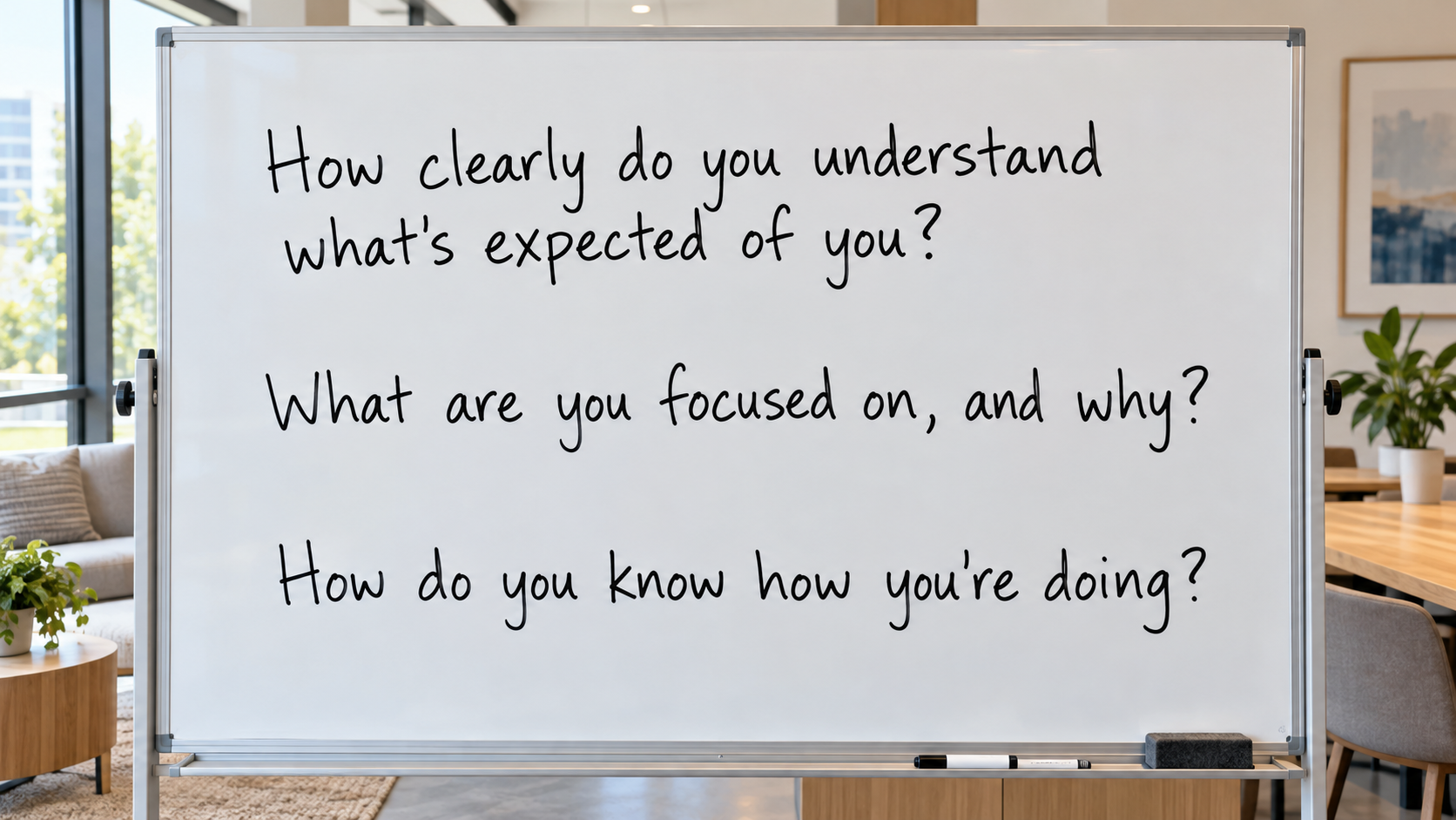 a whiteboard in an office with handwritten questions
